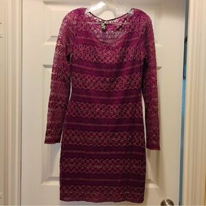 Guess Lace Bodycon Dress Purple Gold Metallic Womens L Party Cocktail Evening